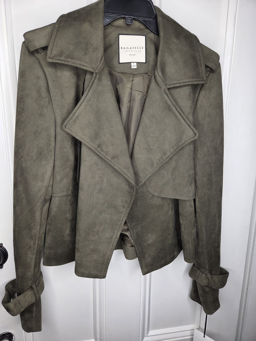 Bagatelle Olive Suede-Look Draped Trench Jacket with Belted Cuffs